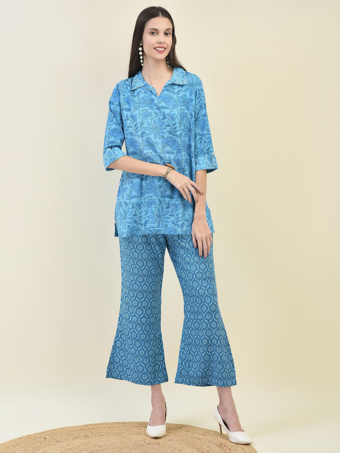 Women Liva Rayon Blue Floral Print Co-Ord Set.