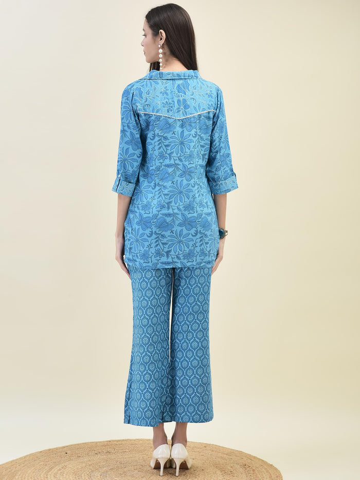 Women Liva Rayon Blue Floral Print Co-Ord Set.