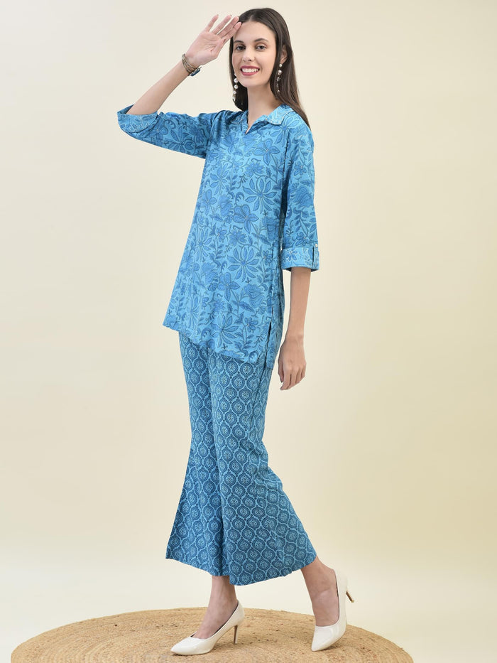 Women Liva Rayon Blue Floral Print Co-Ord Set.