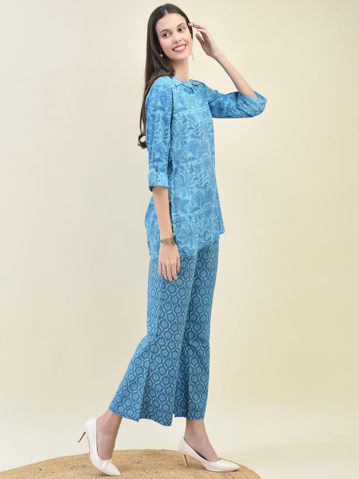 Women Liva Rayon Blue Floral Print Co-Ord Set.