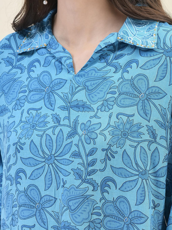 Women Liva Rayon Blue Floral Print Co-Ord Set.