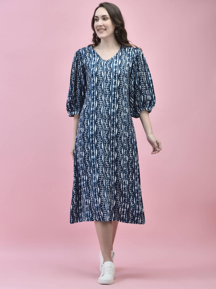 Women Liva Rayon Blue Floral Print Dress.