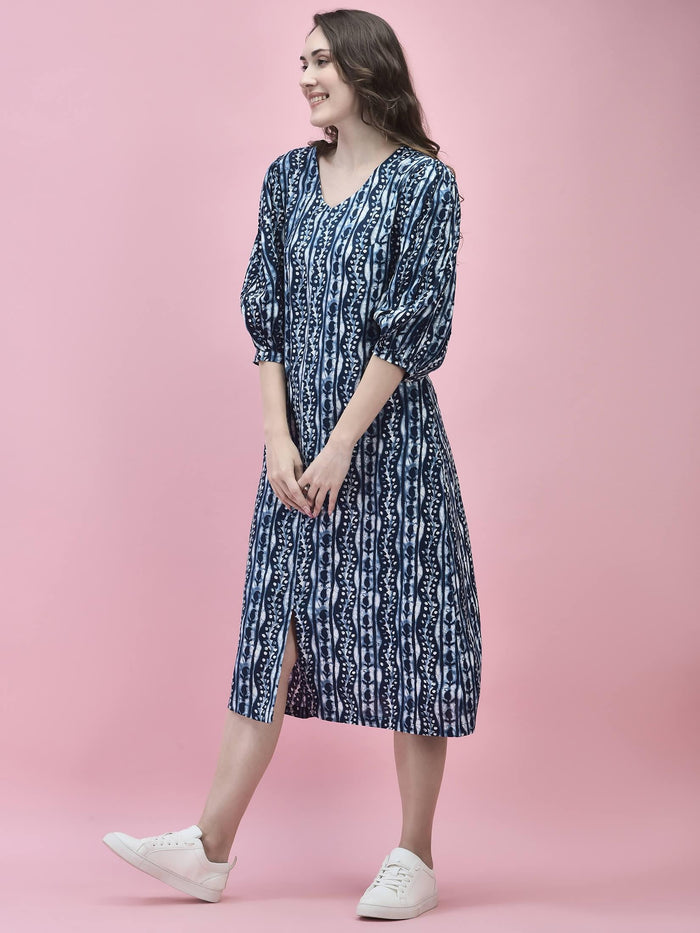 Women Liva Rayon Blue Floral Print Dress.