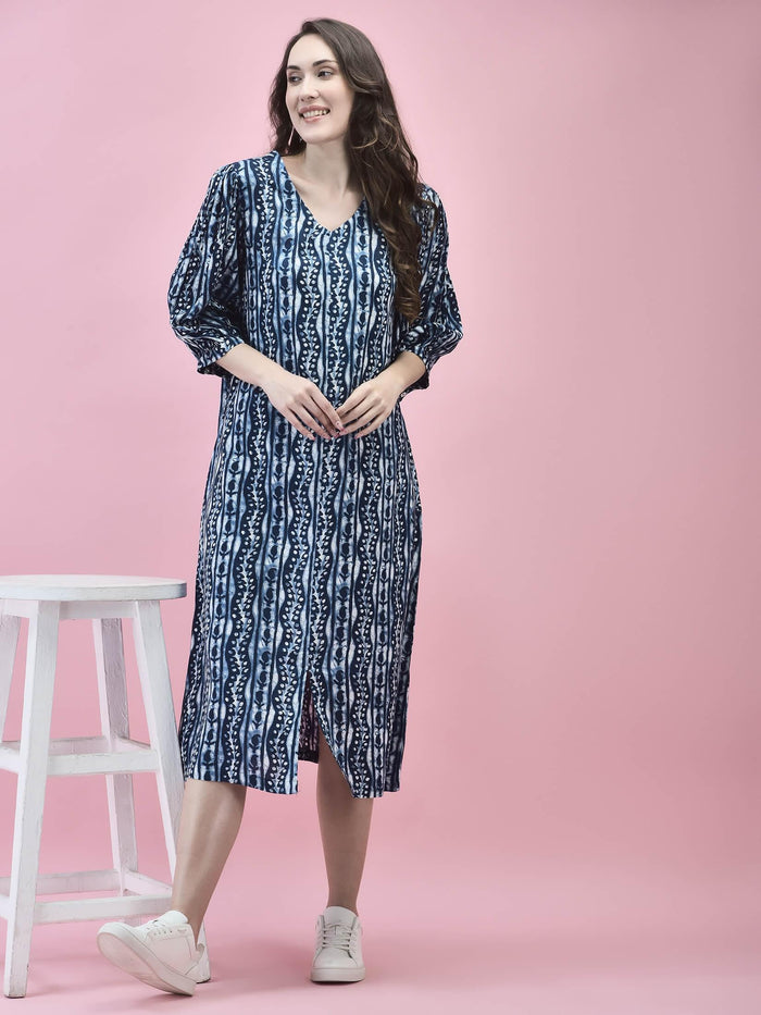 Women Liva Rayon Blue Floral Print Dress.