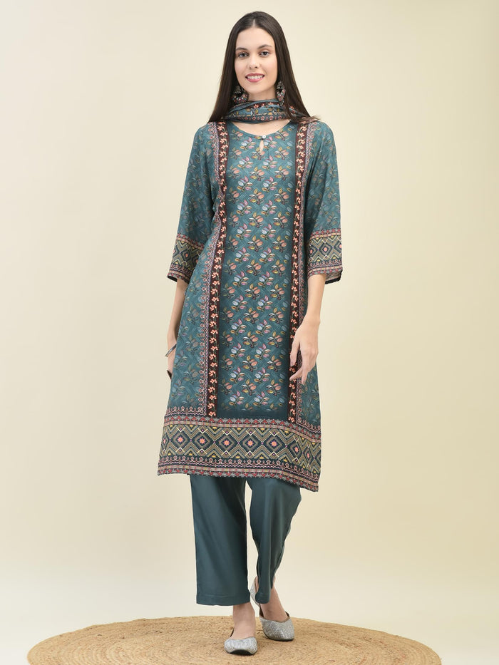 Women Liva Rayon Blue Floral Print Kurta Comfort Pant Dupatta.