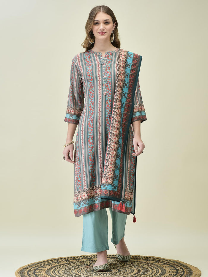 Women Liva Rayon Blue Floral Print Kurta Comfort Pant Dupatta.