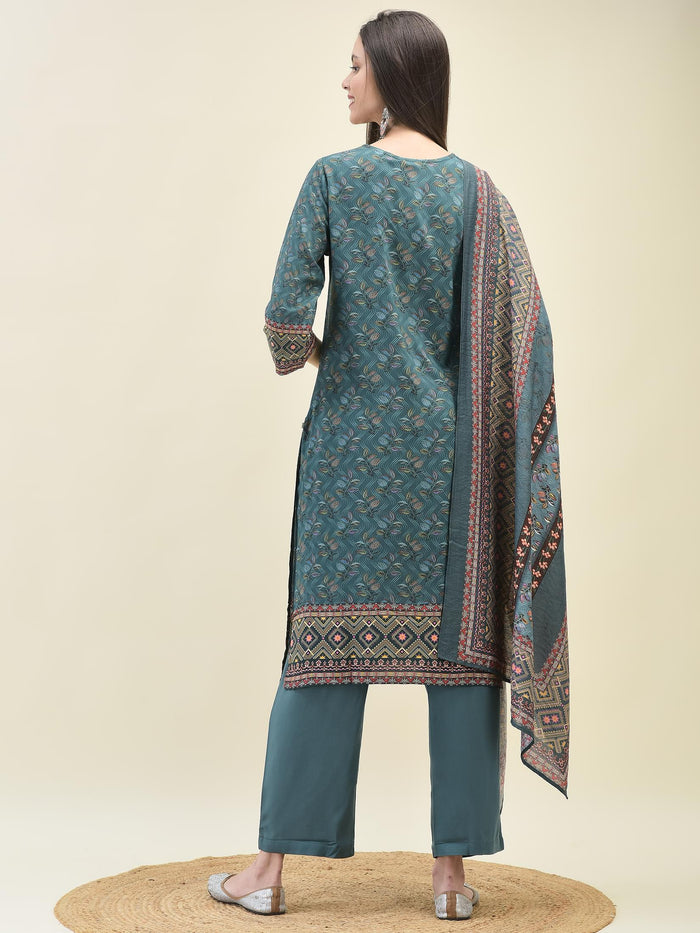 Women Liva Rayon Blue Floral Print Kurta Comfort Pant Dupatta.