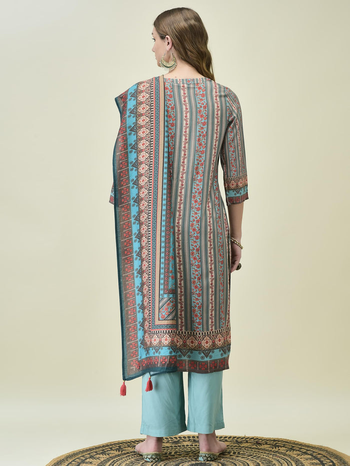 Women Liva Rayon Blue Floral Print Kurta Comfort Pant Dupatta.