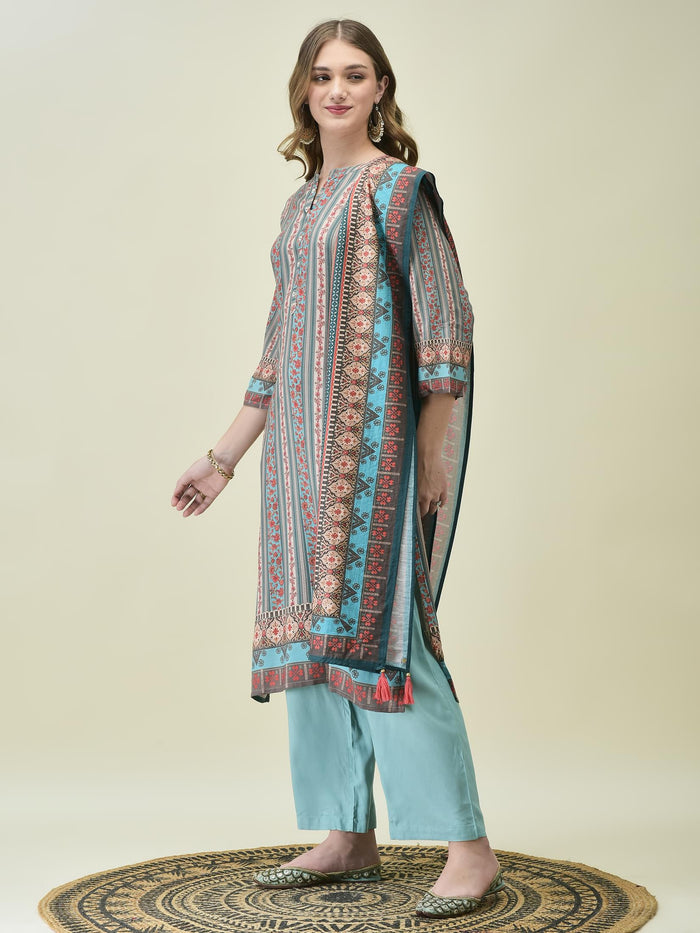 Women Liva Rayon Blue Floral Print Kurta Comfort Pant Dupatta.