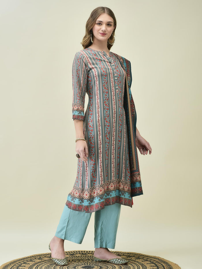 Women Liva Rayon Blue Floral Print Kurta Comfort Pant Dupatta.
