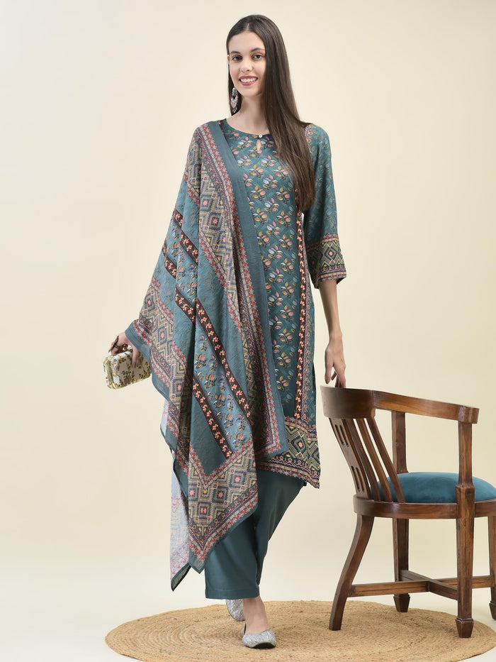 Women Liva Rayon Blue Floral Print Kurta Comfort Pant Dupatta.