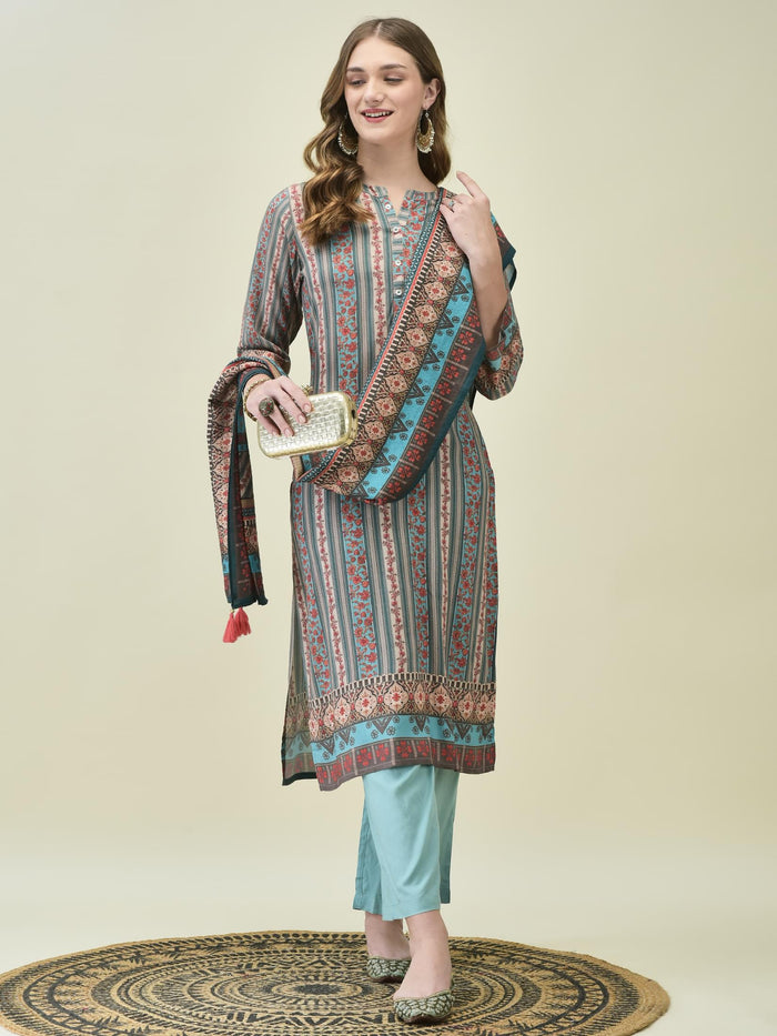 Women Liva Rayon Blue Floral Print Kurta Comfort Pant Dupatta.
