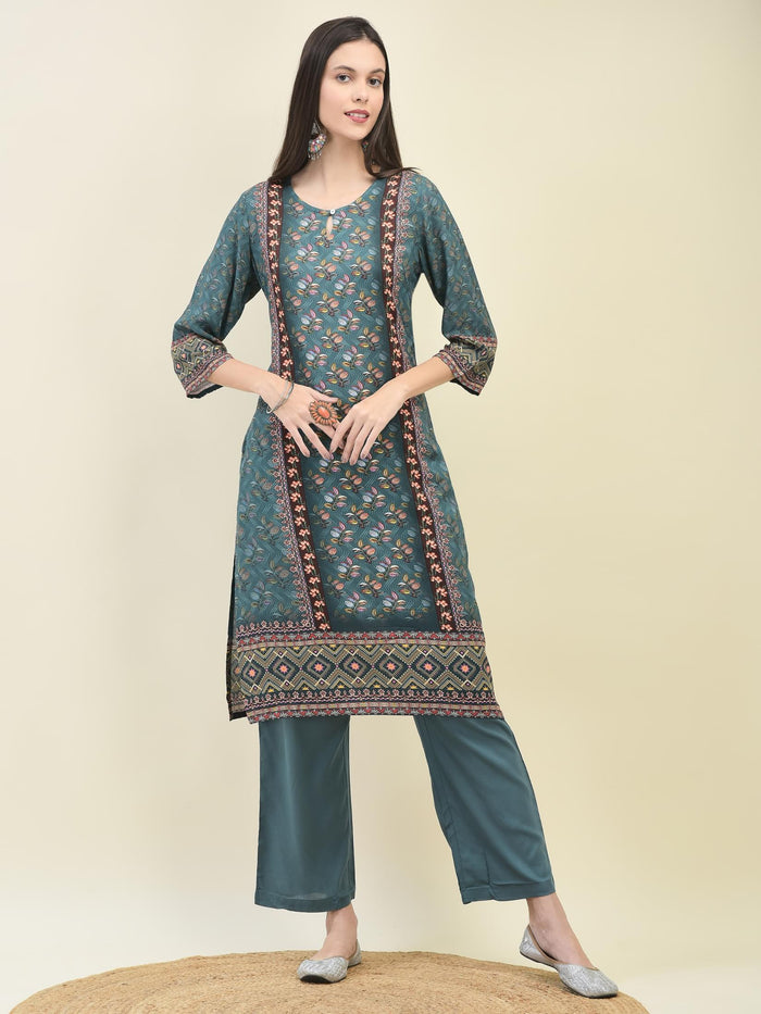Women Liva Rayon Blue Floral Print Kurta Comfort Pant Dupatta.