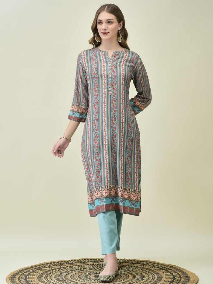 Women Liva Rayon Blue Floral Print Kurta Comfort Pant Dupatta.