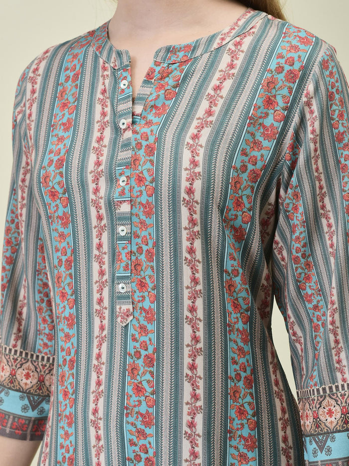 Women Liva Rayon Blue Floral Print Kurta Comfort Pant Dupatta.