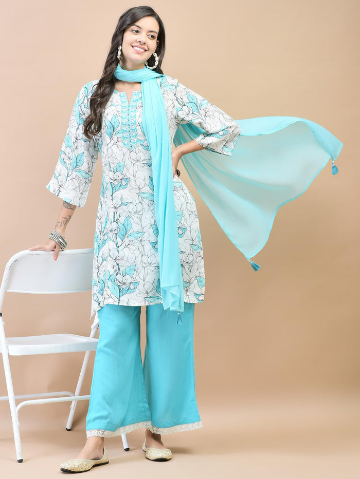 Women Liva (Rayon) Blue Floral Print Kurta Wide Leg Pant Dupatta.