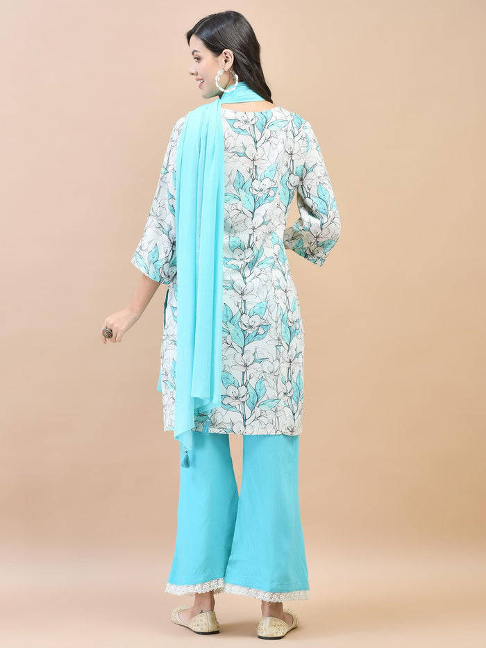 Women Liva (Rayon) Blue Floral Print Kurta Wide Leg Pant Dupatta.