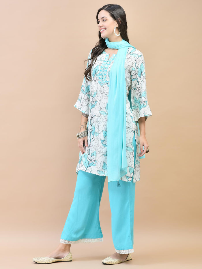 Women Liva (Rayon) Blue Floral Print Kurta Wide Leg Pant Dupatta.