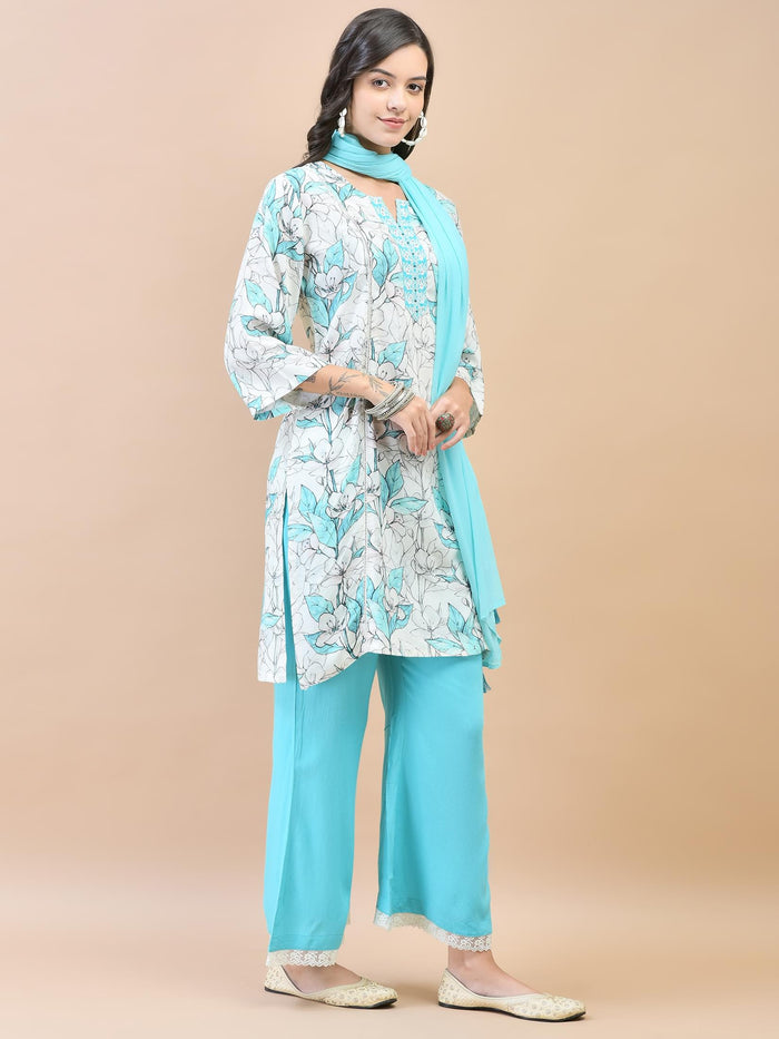 Women Liva (Rayon) Blue Floral Print Kurta Wide Leg Pant Dupatta.