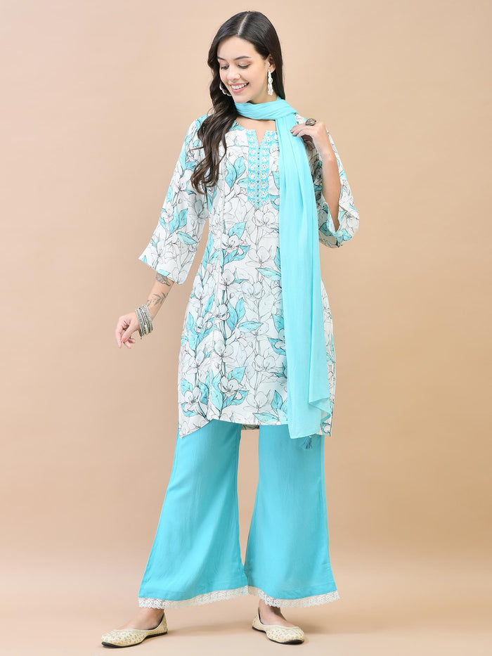 Women Liva (Rayon) Blue Floral Print Kurta Wide Leg Pant Dupatta.