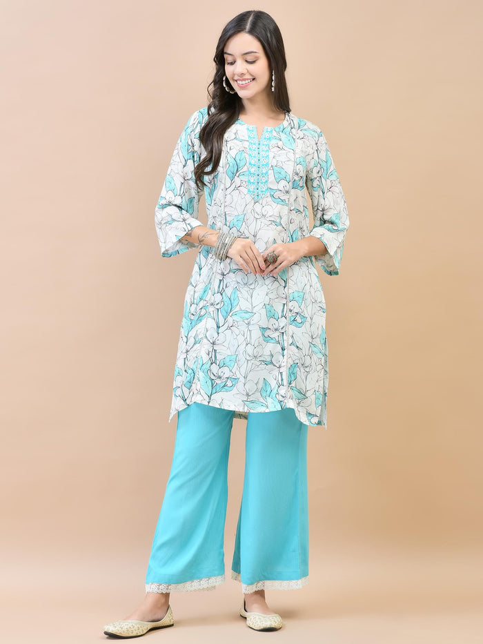 Women Liva (Rayon) Blue Floral Print Kurta Wide Leg Pant Dupatta.