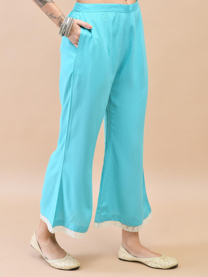 Women Liva (Rayon) Blue Floral Print Kurta Wide Leg Pant Dupatta.