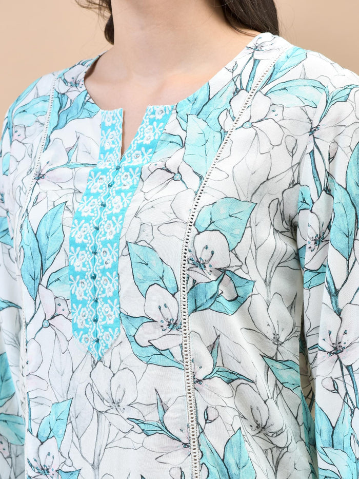 Women Liva (Rayon) Blue Floral Print Kurta Wide Leg Pant Dupatta.