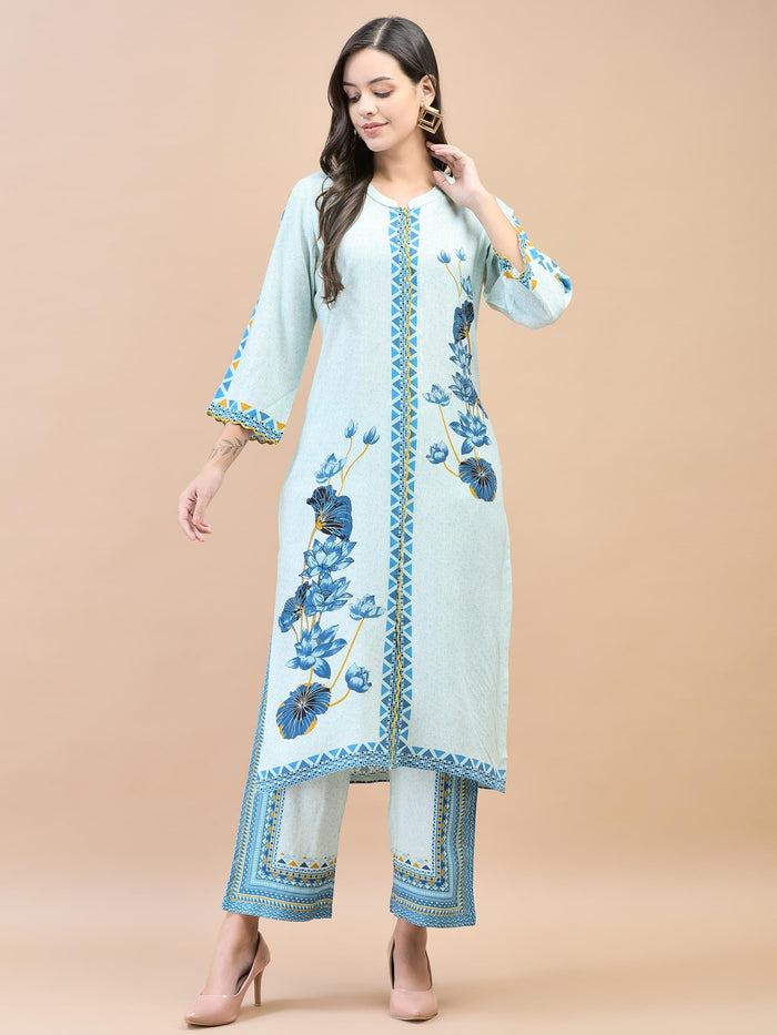Women Liva (Rayon) Blue Floral Print Kurta With Comfort Pant.