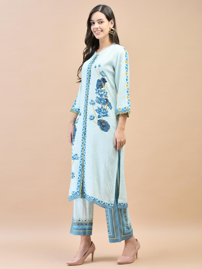 Women Liva (Rayon) Blue Floral Print Kurta With Comfort Pant.