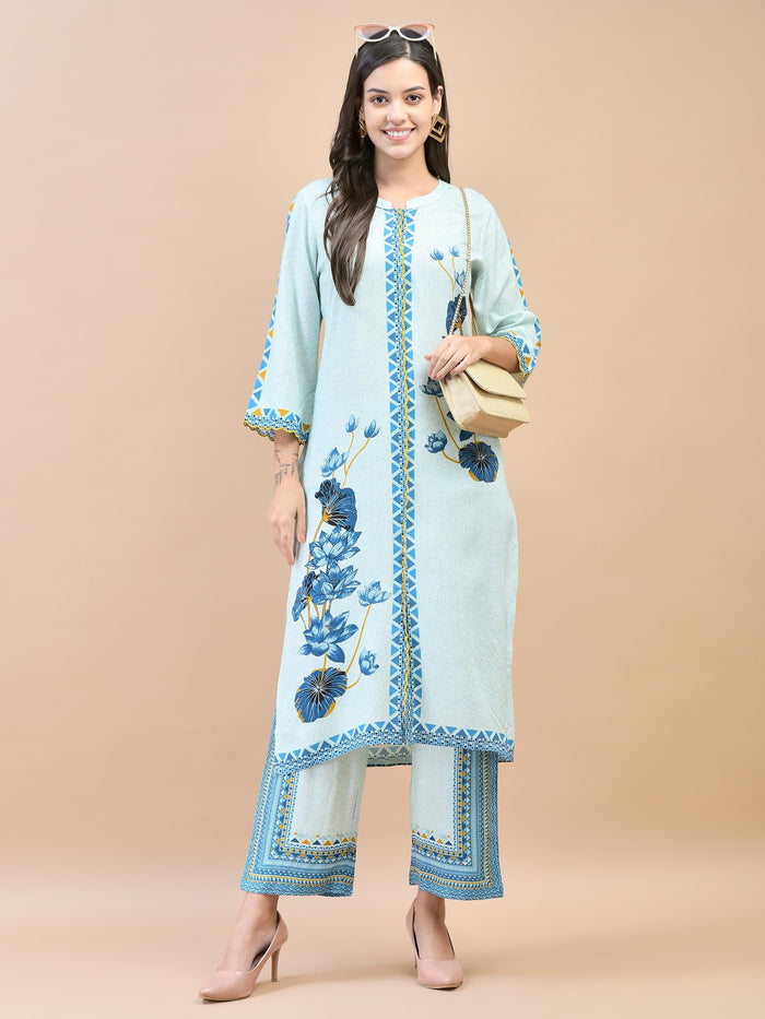 Women Liva (Rayon) Blue Floral Print Kurta With Comfort Pant.