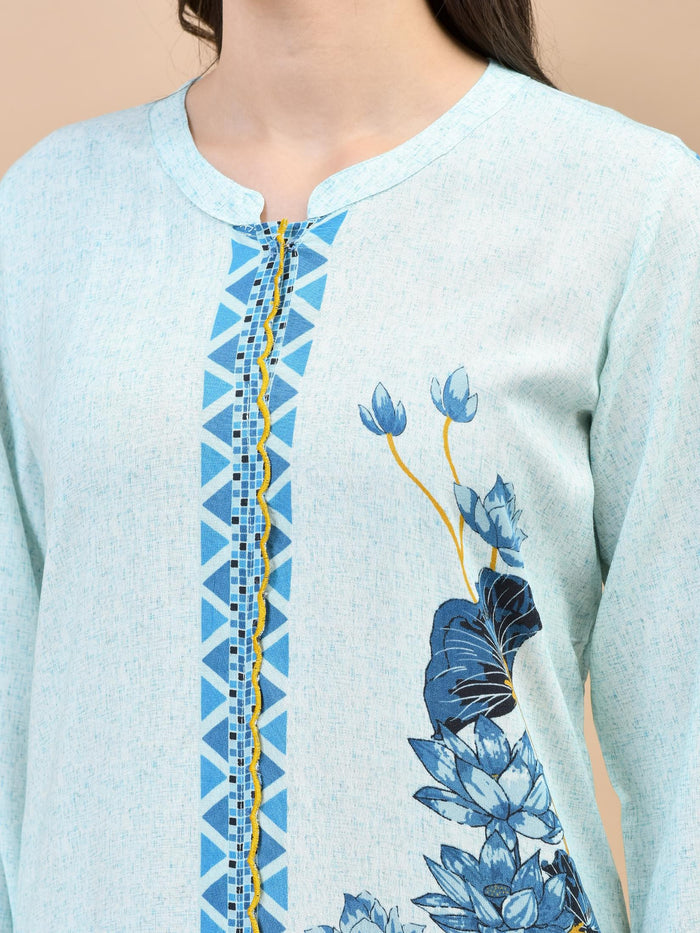 Women Liva (Rayon) Blue Floral Print Kurta With Comfort Pant.