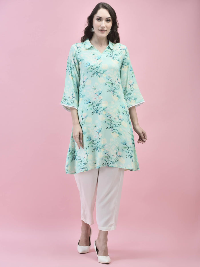 Women Liva Rayon Blue Floral Print Kurta.