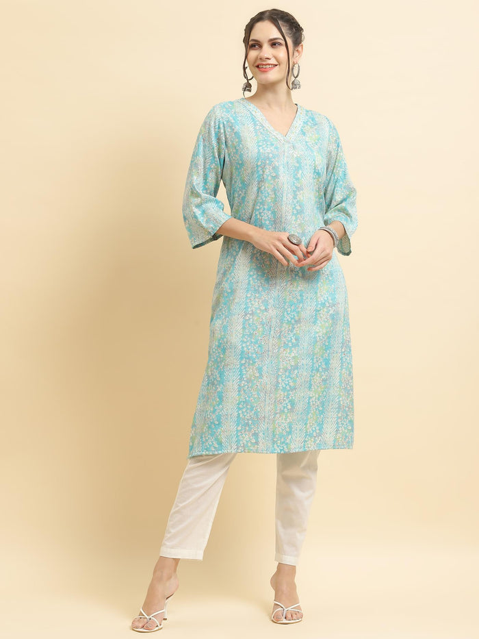 Women Liva Rayon Blue Floral Print Kurta.