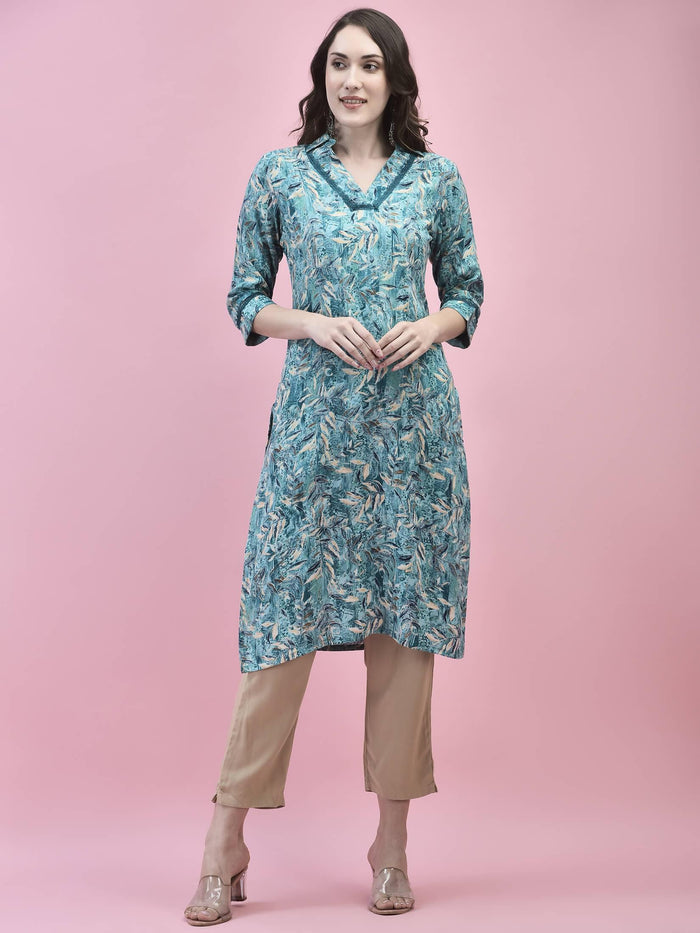 Women Liva Rayon Blue Floral Print Kurta.
