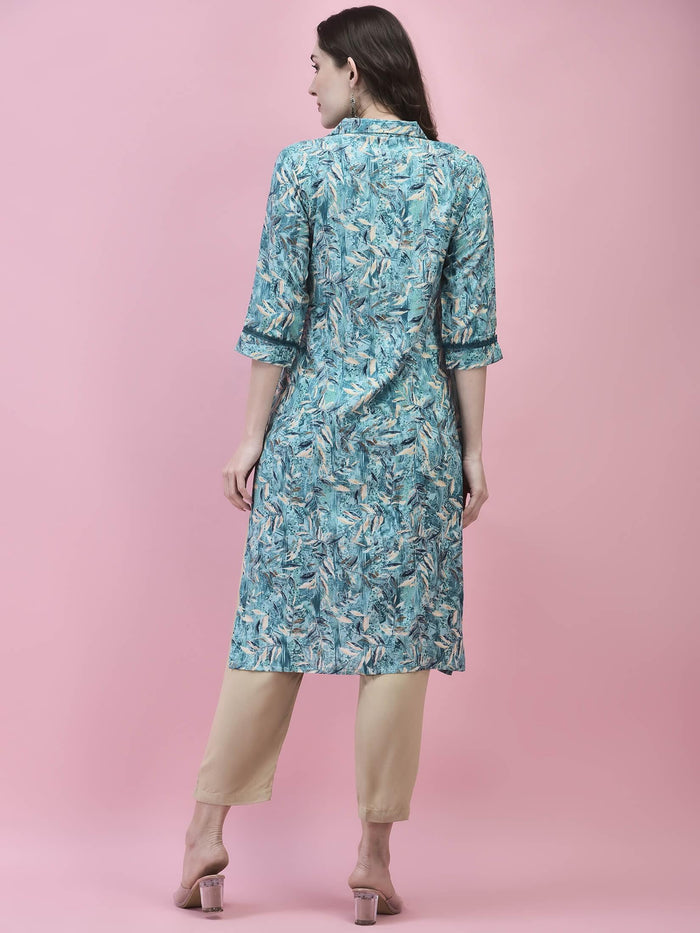 Women Liva Rayon Blue Floral Print Kurta.