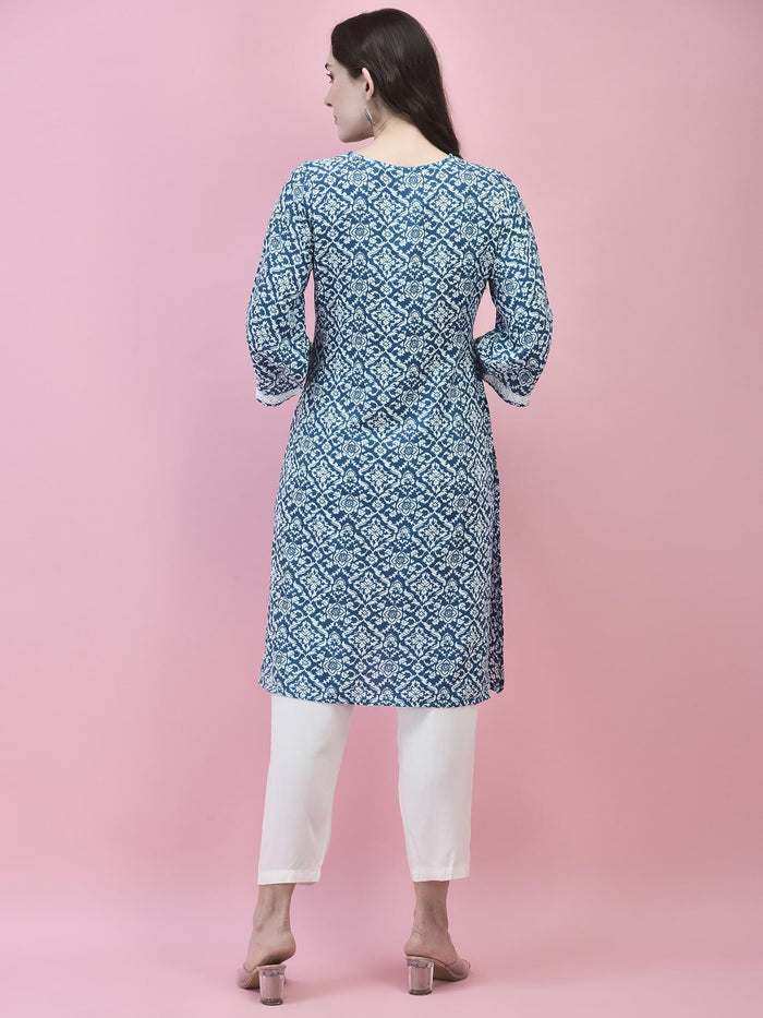 Women Liva Rayon Blue Floral Print Kurta.