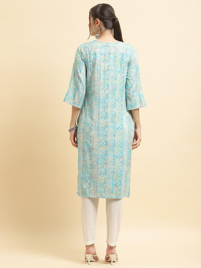 Women Liva Rayon Blue Floral Print Kurta.