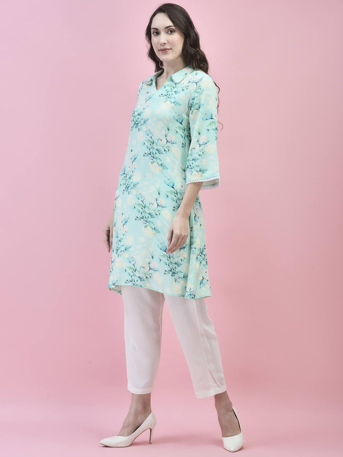 Women Liva Rayon Blue Floral Print Kurta.