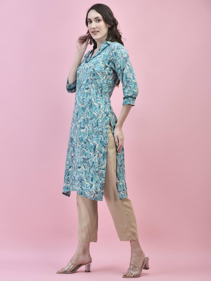 Women Liva Rayon Blue Floral Print Kurta.
