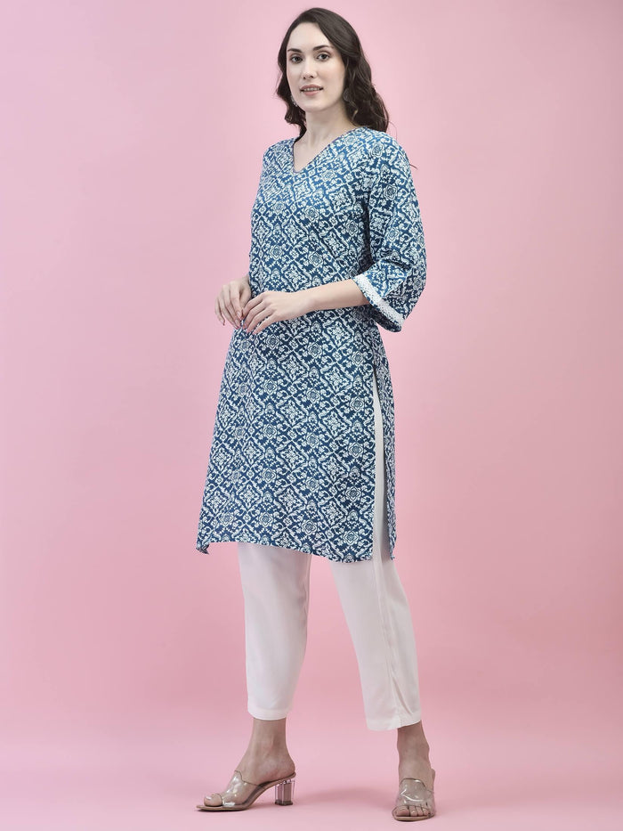 Women Liva Rayon Blue Floral Print Kurta.