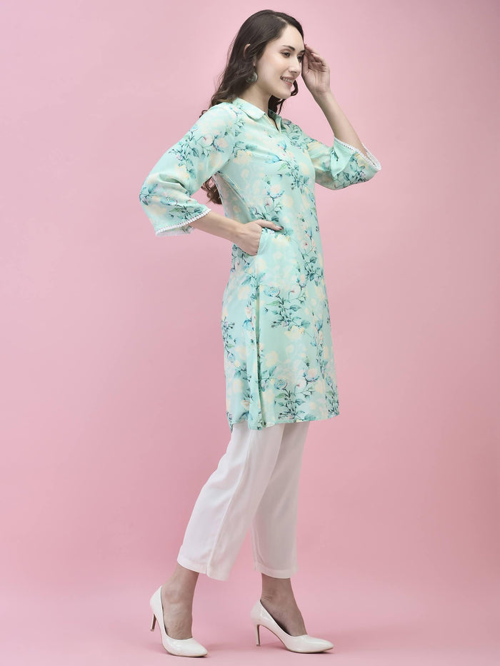 Women Liva Rayon Blue Floral Print Kurta.