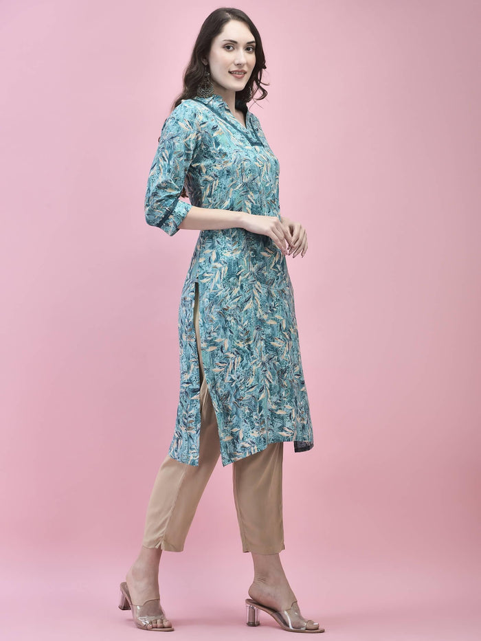 Women Liva Rayon Blue Floral Print Kurta.