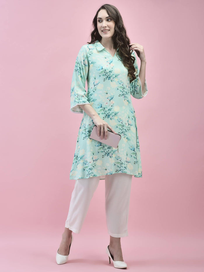 Women Liva Rayon Blue Floral Print Kurta.