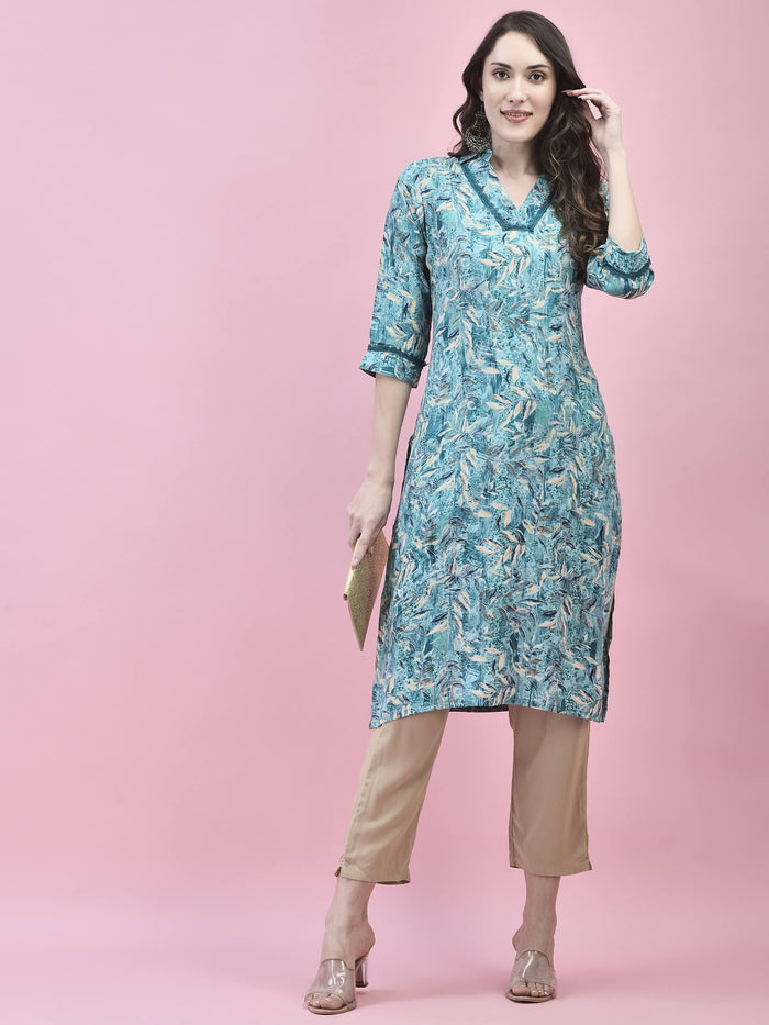 Women Liva Rayon Blue Floral Print Kurta.