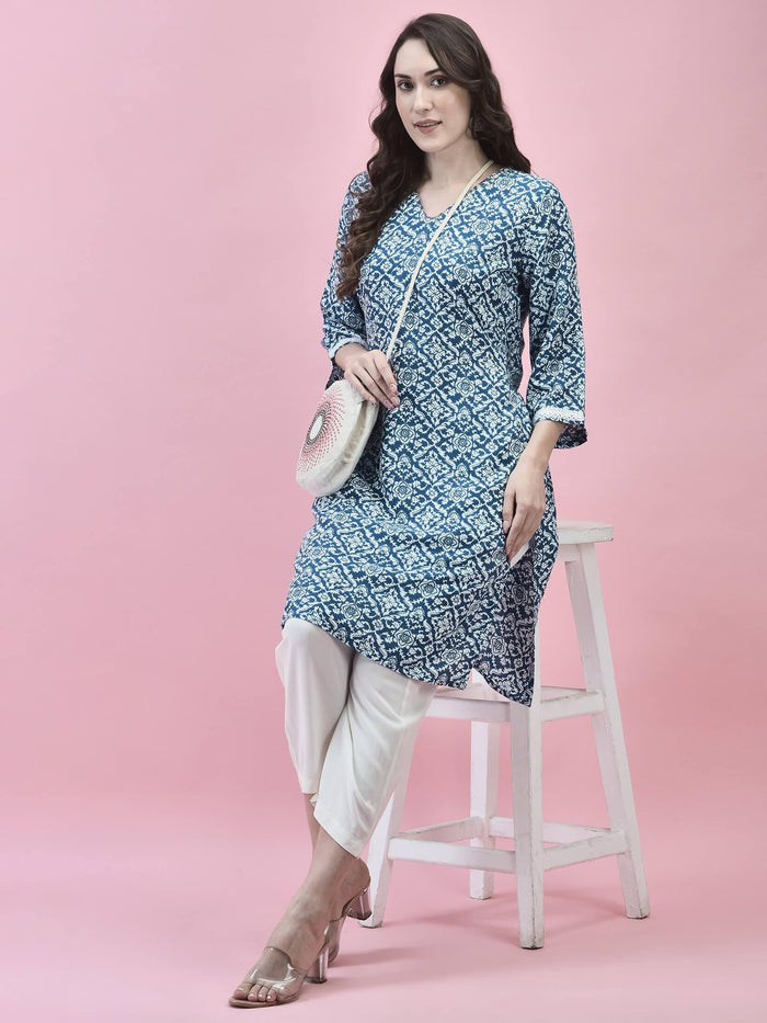 Women Liva Rayon Blue Floral Print Kurta.