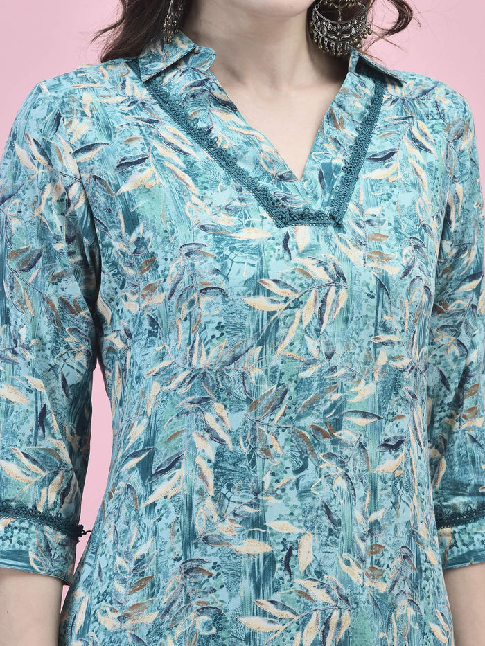 Women Liva Rayon Blue Floral Print Kurta.