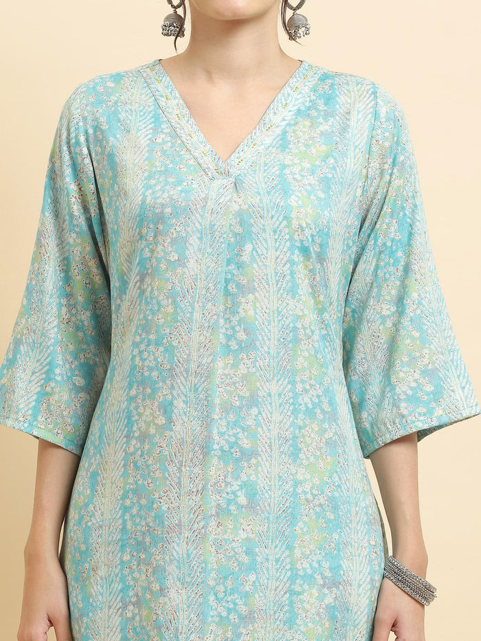 Women Liva Rayon Blue Floral Print Kurta.