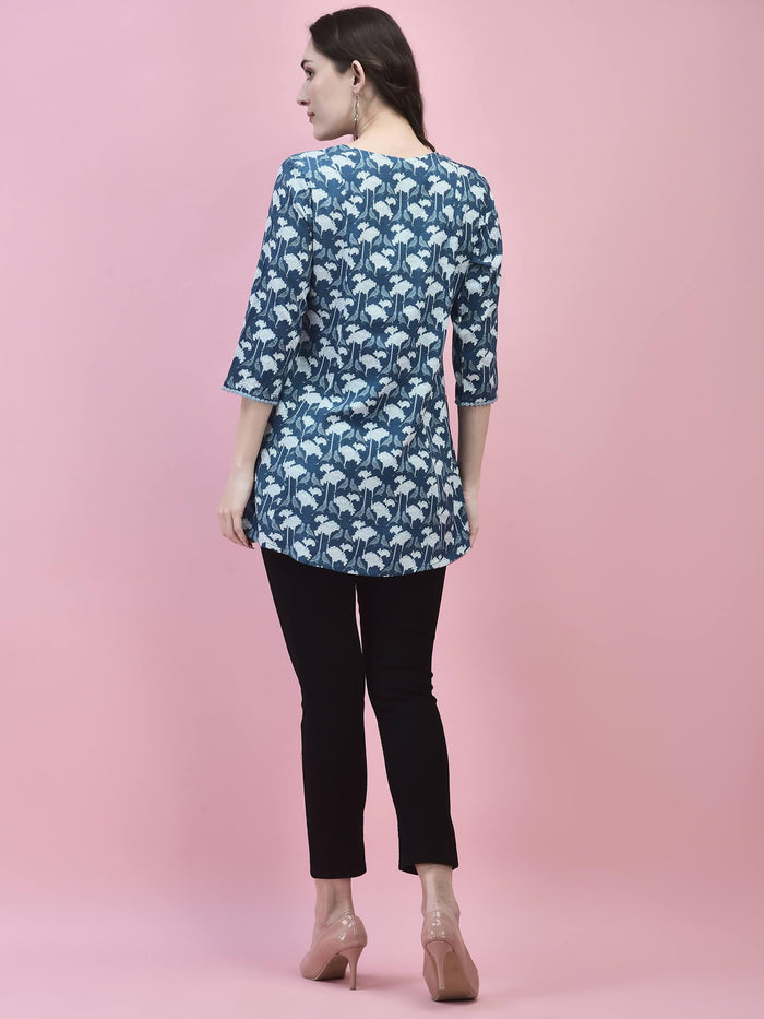 Women Liva Rayon Blue Floral Print Tunic.
