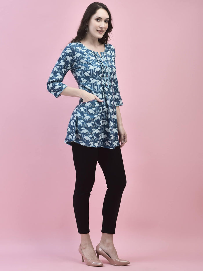 Women Liva Rayon Blue Floral Print Tunic.