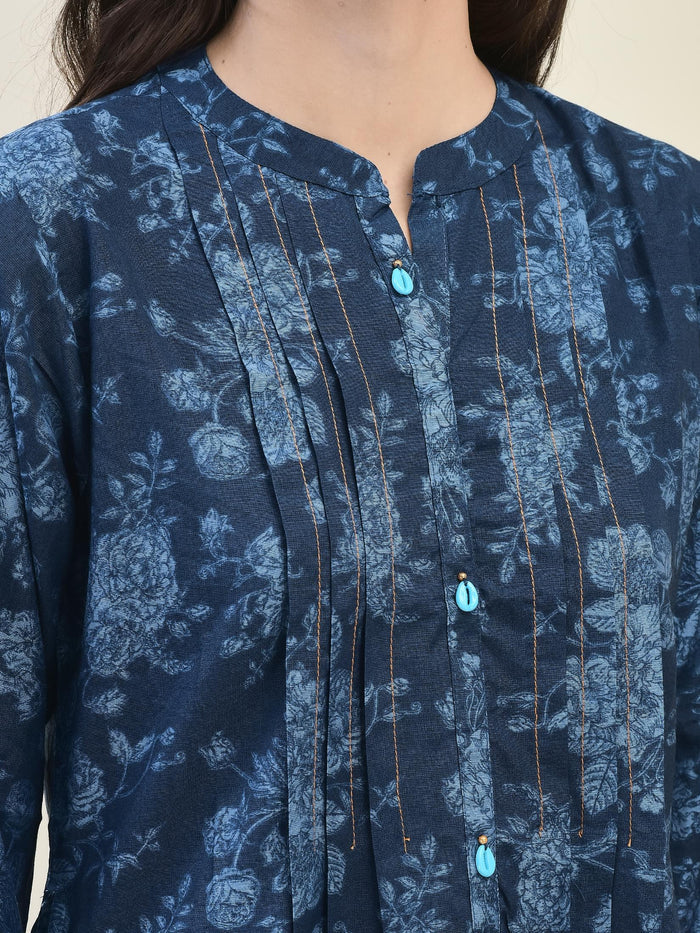 Women Liva Rayon Blue Floral Print Tunic.